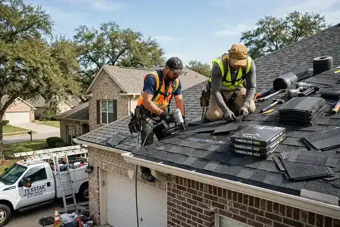 Roofer inspecting shingles on a home in Dallas, TX