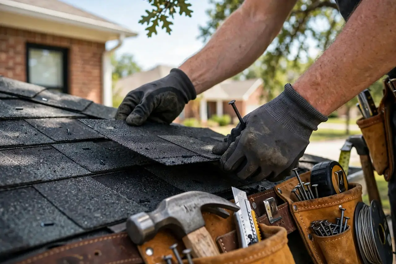 Roof repair in Dallas TX — roofer fixing shingles